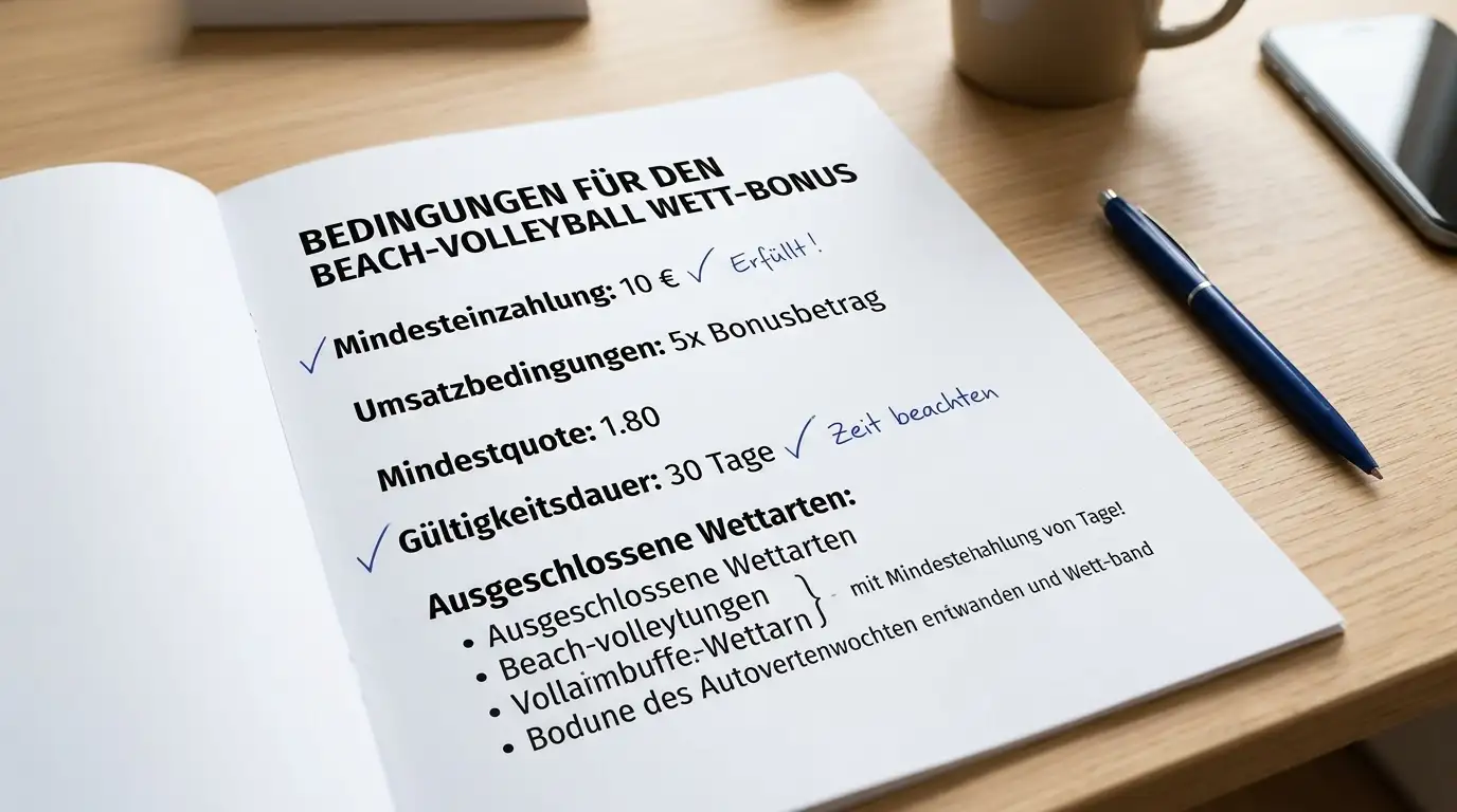 Beach Volleyball Wetten Bonus-Bedingungen – Mindestquoten, Rollover und Ausschlussklauseln für Beach-Volleyball-Wetten