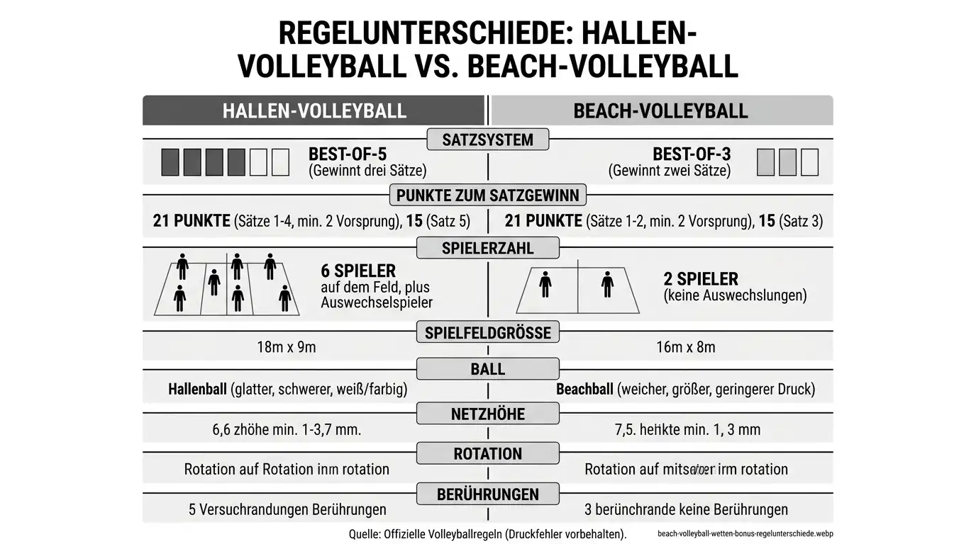 Regelunterschiede Beach Volleyball vs. Hallenvolleyball – Best-of-3, Punktesystem und Auswirkungen auf Wettmärkte