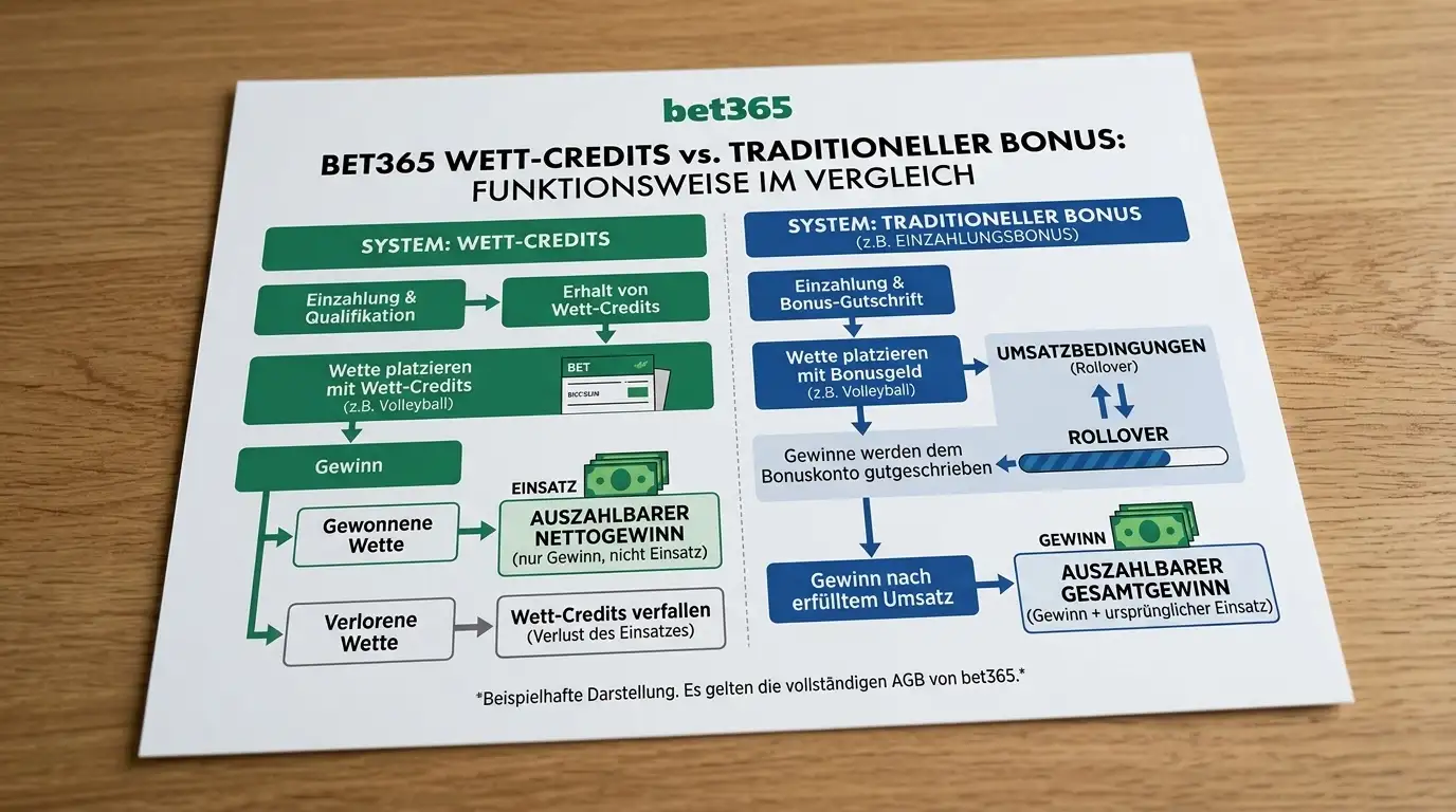 Bet365 Wett-Credits Konditionen für Volleyball Wetten 2026 – Mechanik, Unterschied zum Einzahlungsbonus erklärt