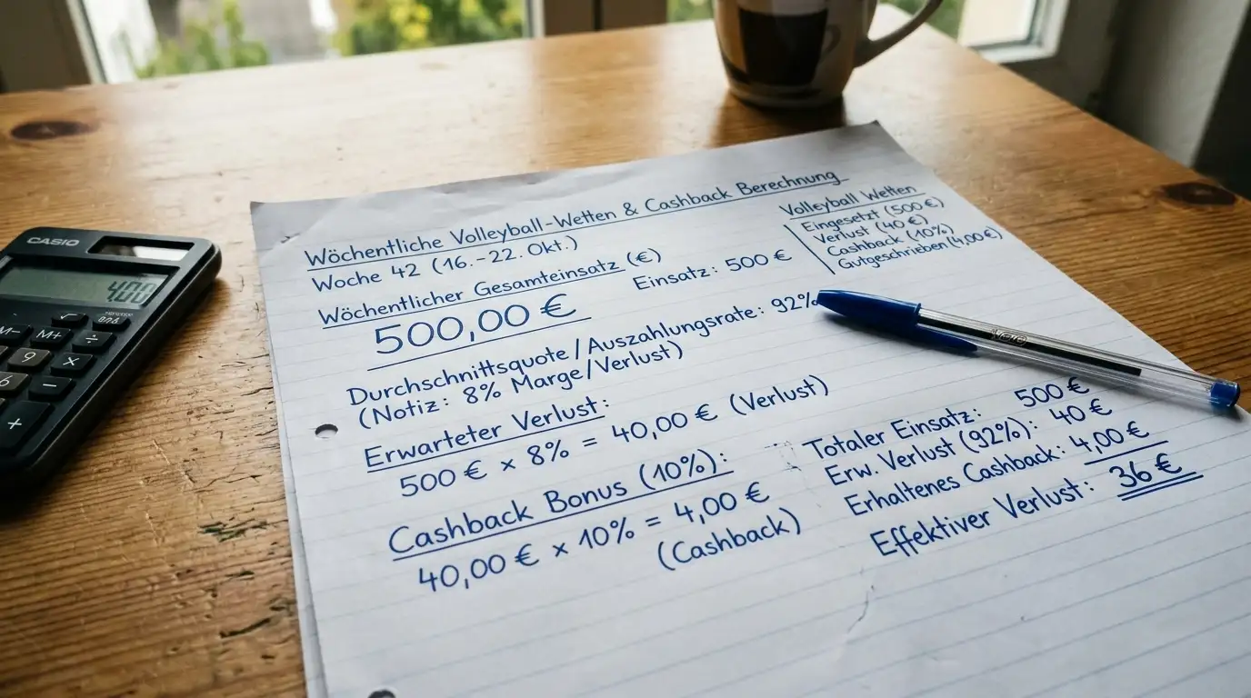 Cashback-Bonus Volleyball Wetten Wertberechnung effektiver Bonuswert Beispielrechnung Nettoverlust