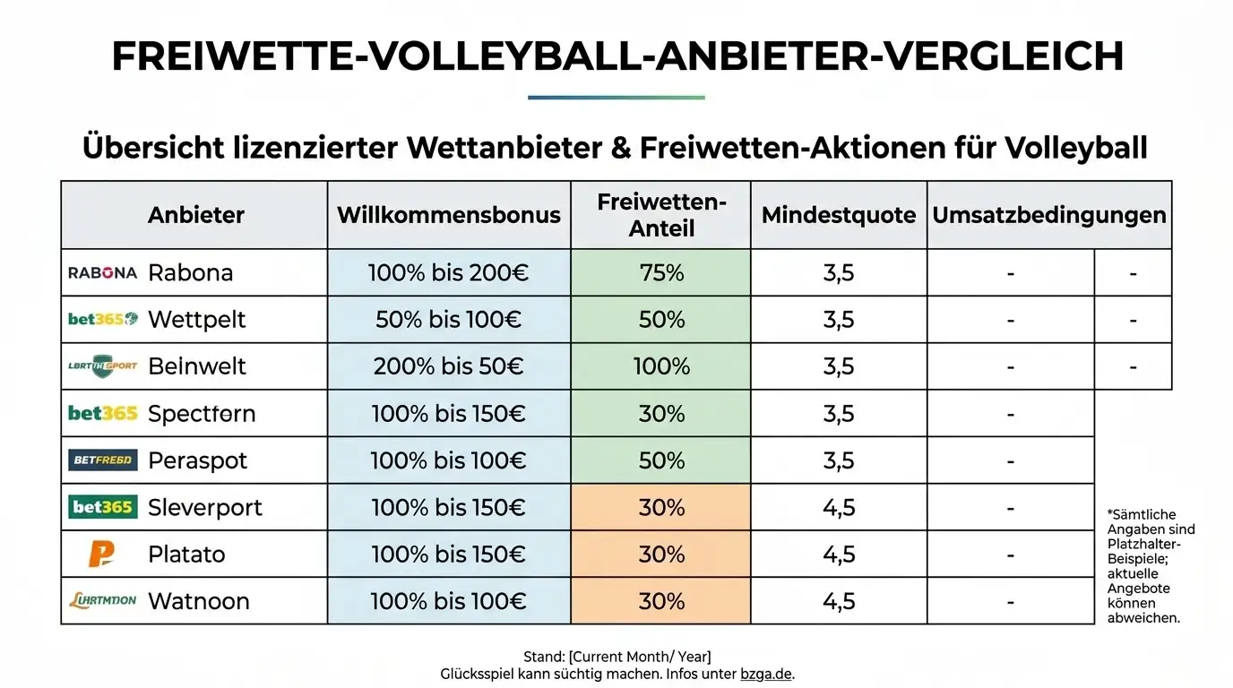 Vergleich GGL-lizenzierter Anbieter nach Volleyball Freiwetten Angeboten und Bonusstruktur