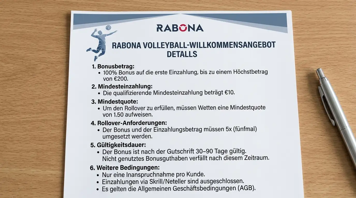 Rabona Willkommensbonus Details 2026 – Betrag, Mindesteinzahlung, Mindestquote und Rollover im Überblick