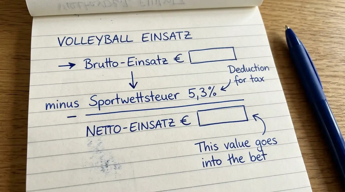Berechnung der 5,3-Prozent-Sportwettsteuer auf einen Volleyball-Wetten-Einsatz – Brutto und Netto im Vergleich