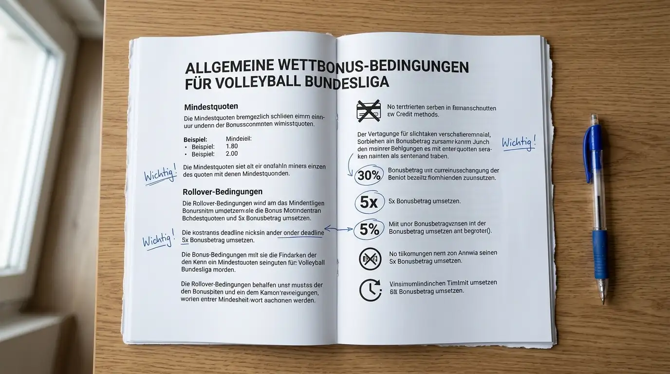 Volleyball Bundesliga Bonus-Bedingungen – Mindestquoten, Rollover und Ausschlüsse für Bundesliga-Wetten