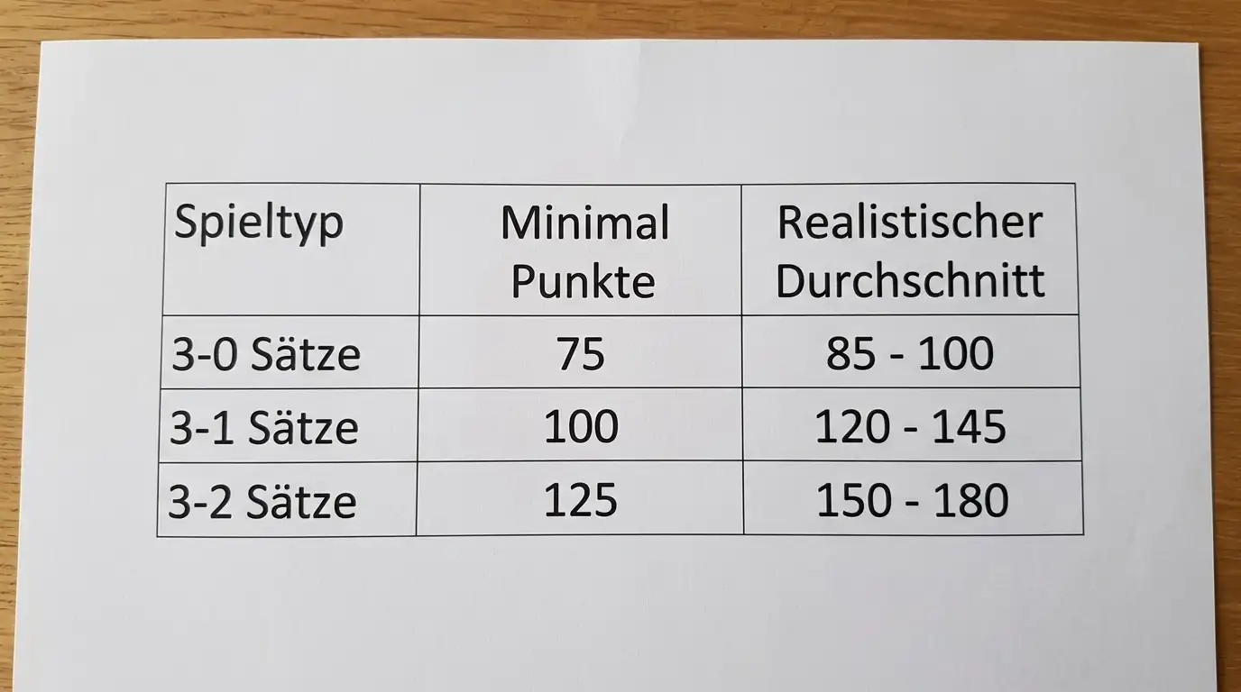 Tabelle mit typischen Volleyball Gesamtpunktlinien je nach Spielstärke und Satzanzahl