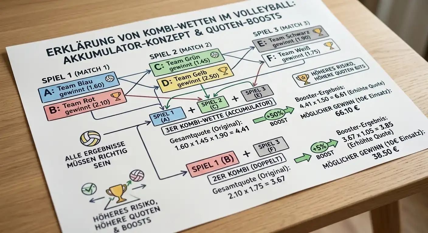 Volleyball Kombinationswetten und Kombi-Boost Bonus – Strategie für Akkumulatorwetten und Rollover-Erfüllung