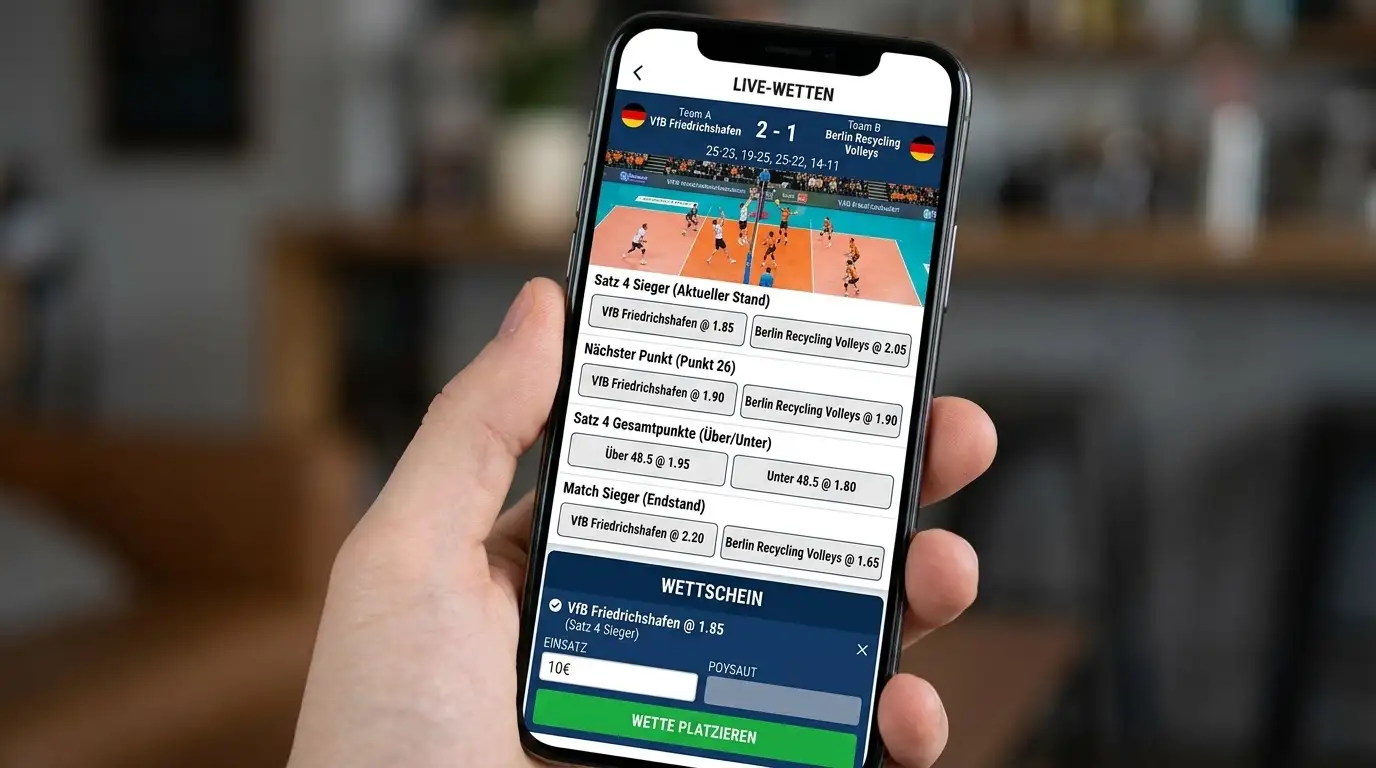 Volleyball Live Wetten mobiles Interface – In-Play Darstellung Nächster Satz und Spielstand in der App